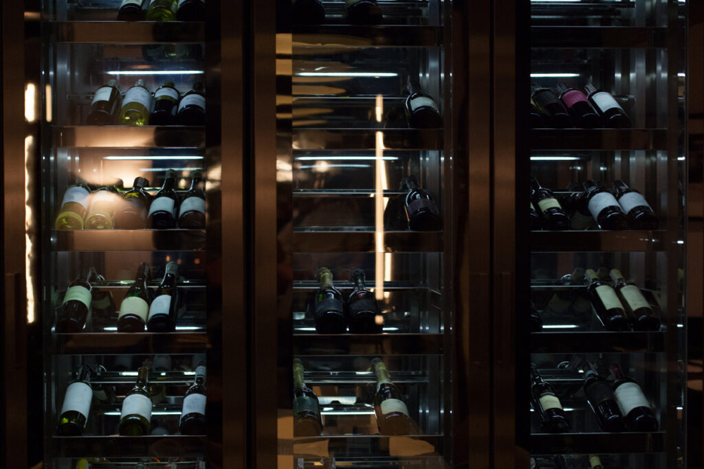 Illuminated wine rack, glass bottle.
