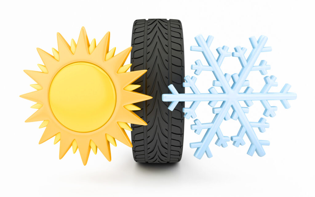 Summer/winter tyre with sun and snow flake, 3d render