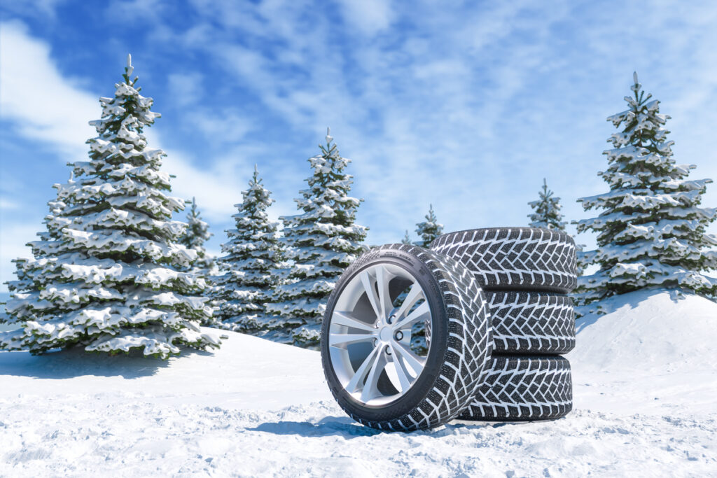 Snow tires on winter landscape background 3d render
