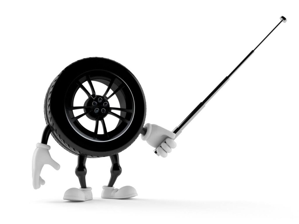 Car wheel character aiming with pointer stick isolated on white background. 3d illustration