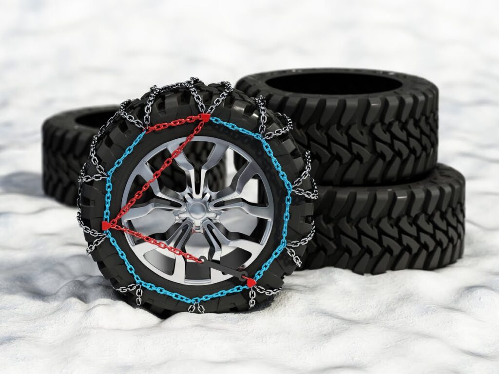 Group of winter tires with snow chains standing on snowy surface.